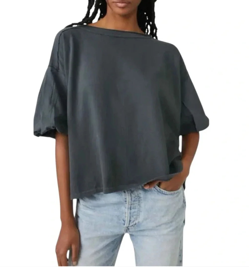 Free People We The Free Blossom Tee Gray Puff Sleeve Boxy Oversized Top S Boho